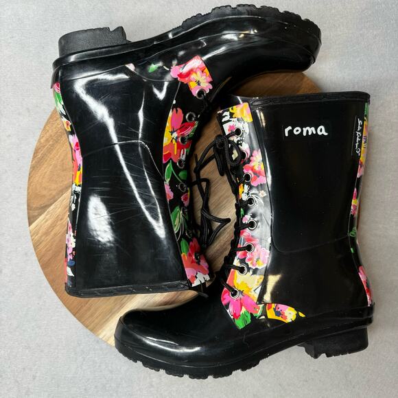 Roma Sadie Robertson Womens Size 9 Black Floral Short Lace Up Rain Boot - Picture 6 of 8